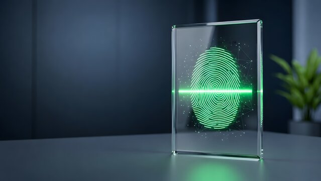 Biometric authentication security scan showing glowing green digital fingerprint on glass panel in modern office