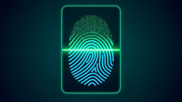 Digital identity cybersecurity concept displaying binary code fingerprint scan on smartphone interface for data protection