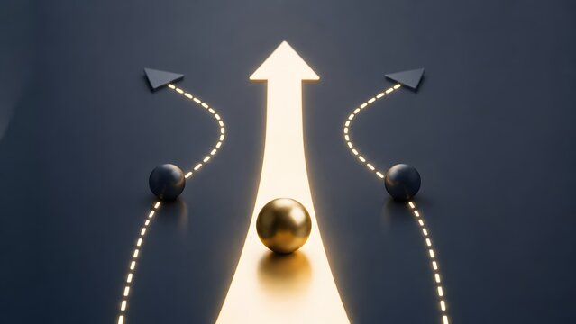 Business strategy success concept showing golden sphere rolling forward on upward arrow while competitors diverge