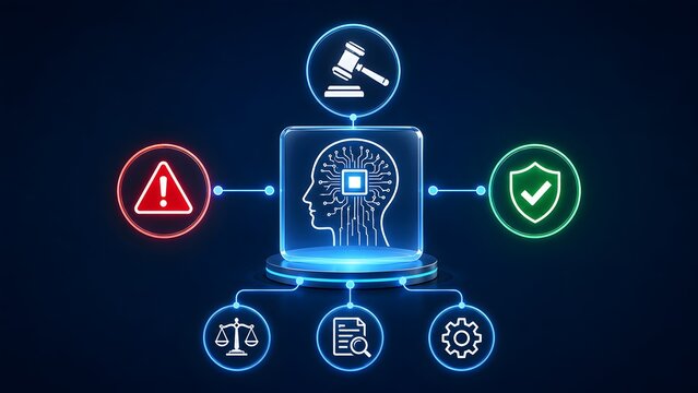Legal technology compliance concept displaying digital brain algorithm processing justice scales and security approval icons