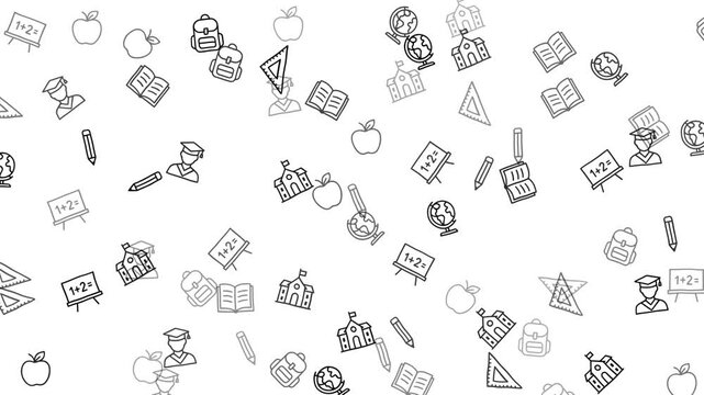 Seamless pattern background with various school and education themed line art icons.