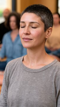 Female participant with short hair meditates in a group setting, eyes closed, wearing a gray shirt, with other individuals seated in the background during a mindfulness session