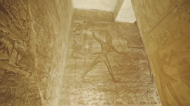 4k footage of Interior view of the famous abu simble temple that is decorated with gods figures and hieroglyphs in aswan in Egypt. 