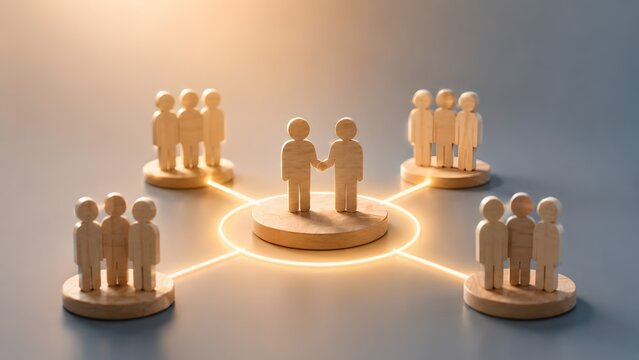 Business networking partnership concept showing central wooden figures shaking hands connected to team groups