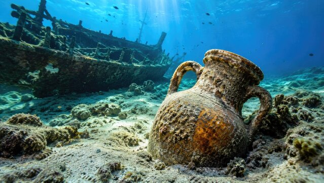 Ancient amphora encrusted on sandy seabed beside a wooden shipwreck under sunlit blue water