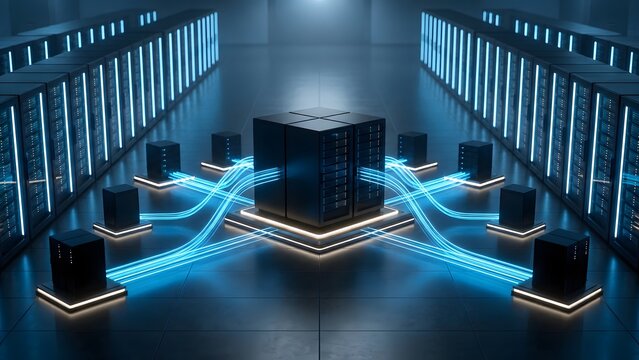 Cloud computing network infrastructure showing central server rack processing big data with glowing connections