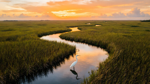 White egret standing in a winding river channel through a golden marsh during a vibrant sunset