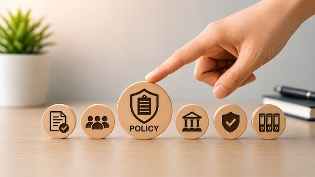 Corporate governance compliance policy concept with hand selecting regulatory shield icon among wooden business tokens