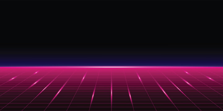 LEVEL UP icon pixel art 8 bit. Retro Futurism Sci-Fi Background. glowing neon grid and stars from vintage arcade computer games