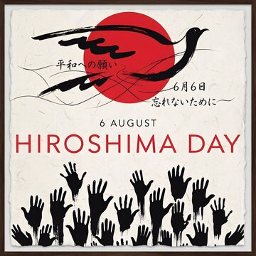 Hiroshima Day commemorative poster with rising sun symbol black bird Japanese text and raised hands silhouettes representing peace remembrance and unity generated ai