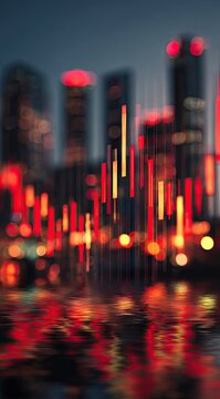 Glowing stock market data bars over blurred urban landscape.