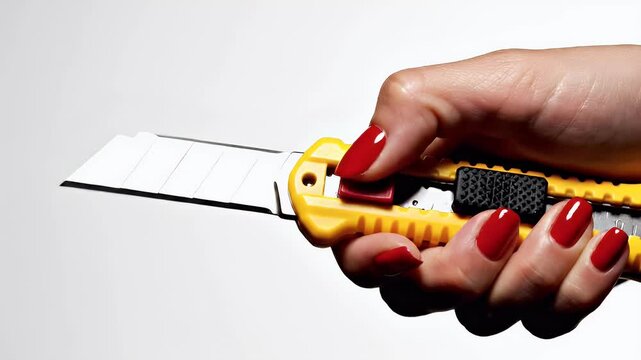 A hand with red nails holds a yellow utility knife against a white background