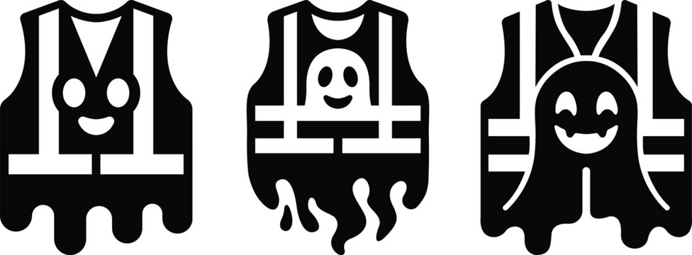 Spooky Halloween ghost figures merging with safety vest jackets set, cute horror spirits wearing industrial high visibility construction vests vector graphic design collection