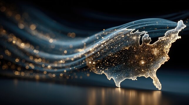 Glowing USA map with golden light trails.