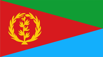 Fototapeta premium Graphic representation of the national flag of eritrea featuring green, red, and blue stripes with a yellow emblem, isolated on white background, suitable for educational and cultural purposes