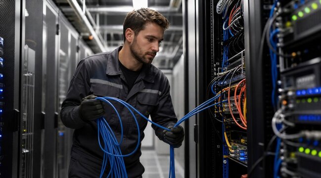 Technician works with network cables in server room