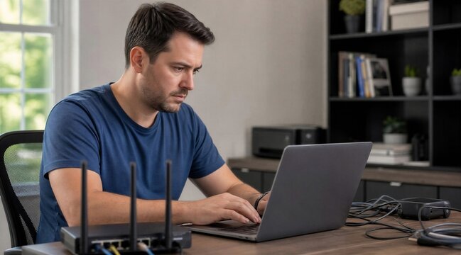 Man working on laptop with networking equipment
