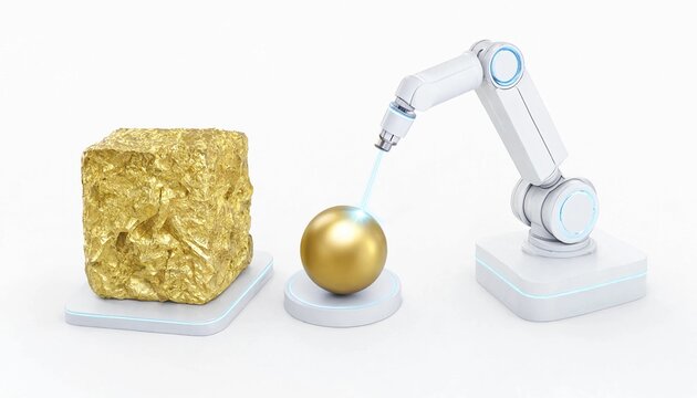 3D Isometric Robotic Arm Sculpting Gold Block into Sphere with Laser, Metaphor for AI Model Optimization and Iteration
