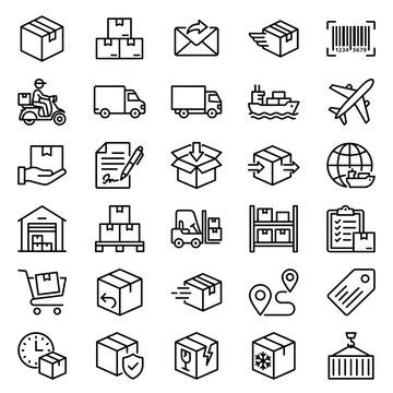 Editable delivery logistics line icon collection with courier and freight symbols isolated on white background