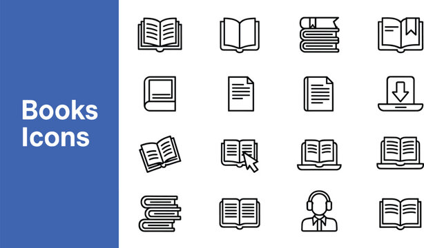 Ebook and digital reading line icon set containing textbook audio lesson download file laptop study learning library education symbols