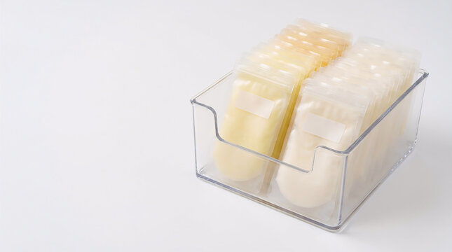 Frozen Breast Milk Storage Bags Neatly Organized in a Clear Plastic Container for Baby Feeding Supply