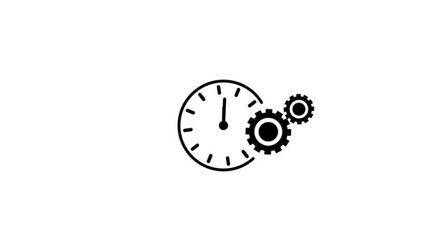 minimalist clock and gear icon animation, rotating cogwheel with time management and efficiency concept on black background