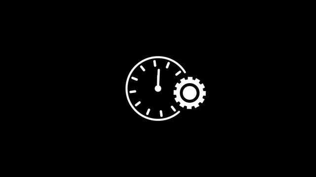 Minimalist clock and gear icon animation, time management and efficiency concept, rotating cogwheel with clock face on black background