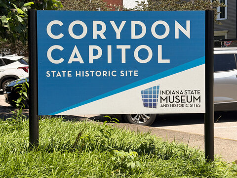 Corydon Capitol, State Historic Site sign in downtown