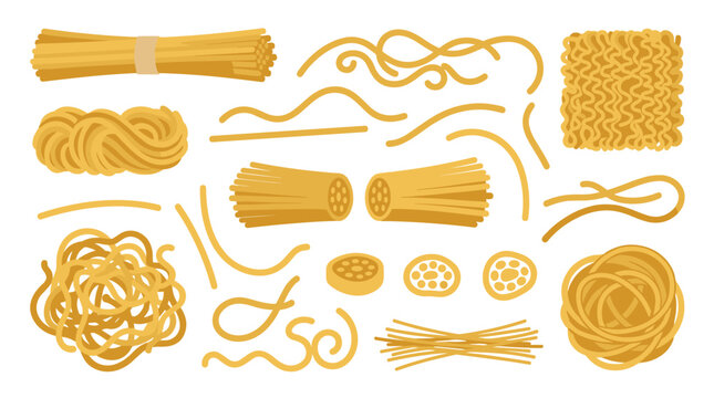 Collection of different dry pasta types, spaghetti, linguine, fettuccine, and noodles, isolated on a neutral background