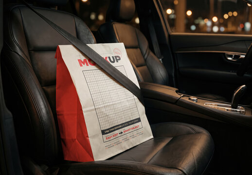 Takeaway Bag in Car Passenger Seat Mockup
