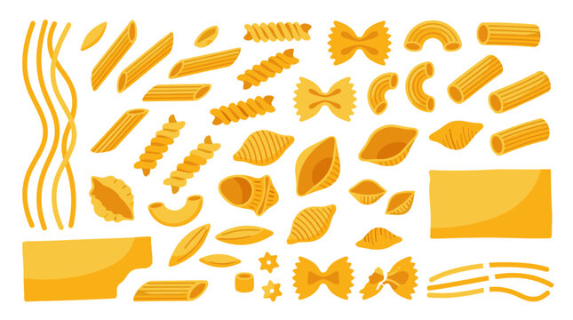 Collection of various pasta shapes, retro style, includes spaghetti, penne, farfalle, and shells, isolated on white