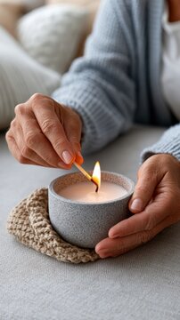 Hand of a woman lighting a candle in a gray ceramic holder on a soft table surface, cozy home environment with cushions in the background