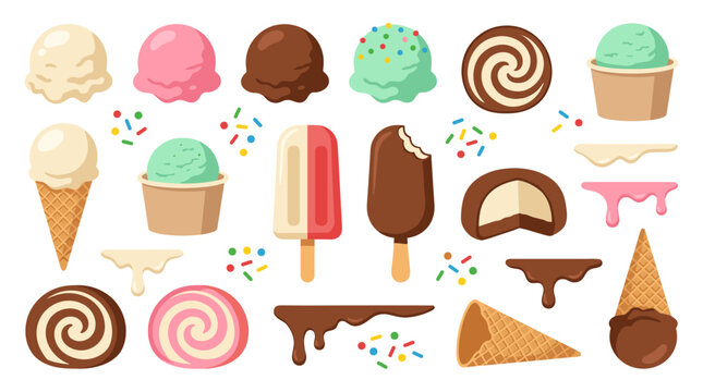Collection of ice cream desserts, scoops, cones, popsicles, and swirling treats, colorful sprinkles and drips, isolated on white background