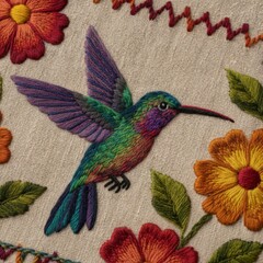 Fototapeta premium Colorful embroidered hummingbird surrounded by floral patterns