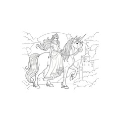Obraz premium Fantasy princess standing with unicorn in magical forest line art