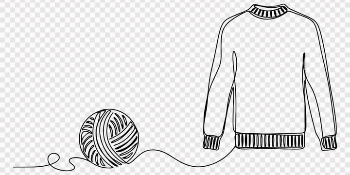 ball of yarn sweater continuous one line drawing, Hand knitted sweater in continuous line art drawing style. Ball of thread and pullover knitted garment. Knitting and crocheting concept black linear