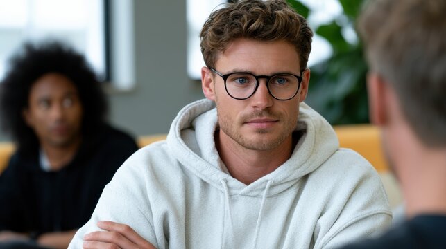 Young Caucasian male wearing glasses and a white hoodie sits in a modern indoor setting, engaged in conversation with another person in the background