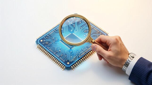 Hand in Business Suit Holding Magnifying Glass over Glowing Blue Microchip, Concept of AI Audit and Human Oversight
