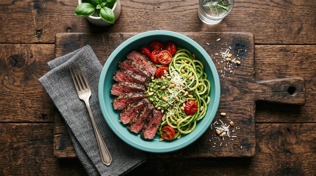 Grilled beef steak with zucchini noodles in a bowl on a wooden board. A healthy lunchbox meal concept with fresh vegetables and protein.