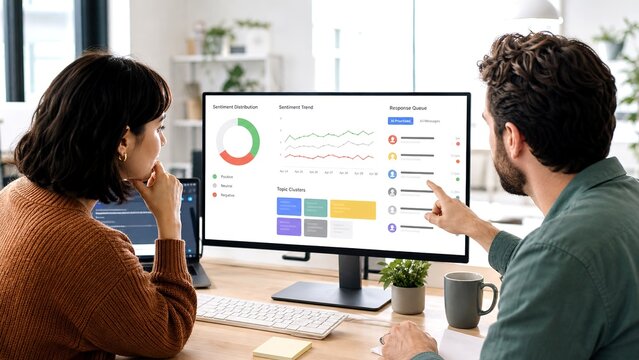 Social Media Team Reviewing AI Sentiment Insights for Corporate Marketing Campaigns