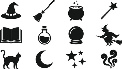 Witchcraft and magic themed black set featuring a witch hat, broom, cauldron, wand, spell book, potion bottle, crystal ball, and cat © GFX