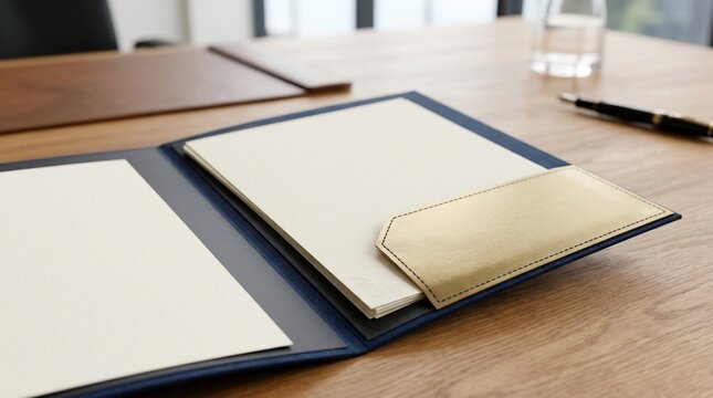Professional document folder with paper and pen on table