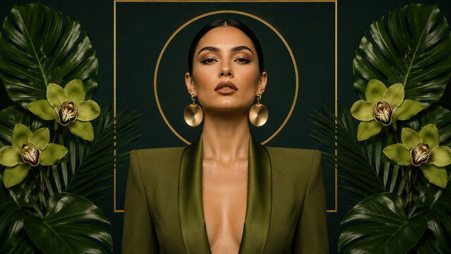 Luxury beauty portrait of a woman in an olive blazer framed by tropical leaves and orchids. Ideal for fashion, cosmetics, fragrance, editorial, branding and advertising use.
