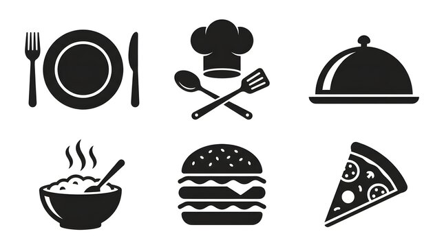 Set of black food and restaurant icons featuring plate with cutlery chef hat serving cloche bowl of hot soup burger and pizza slice