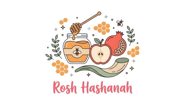 Hand drawn illustration for rosh hashanah celebration featuring a honey jar with dipper apple slice pomegranate and shofar on a white background