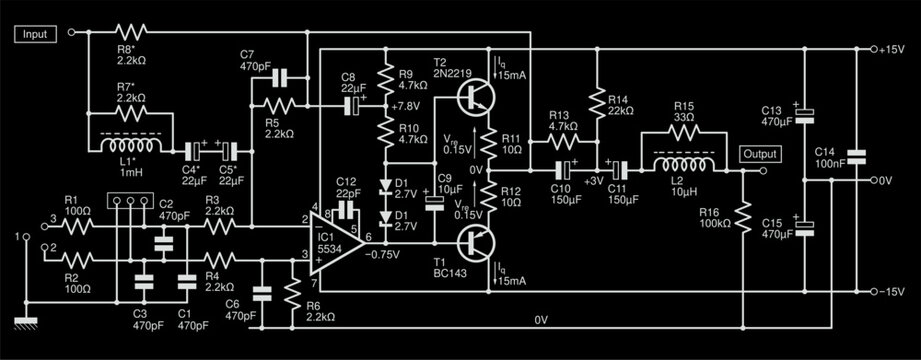 Schematic diagram of electronic device 
on paper sheet. Vector drawing electrical circuit with 
integrated circuit of operational amplifier,
transistor, capacitor, resistor, diode, induction coil.