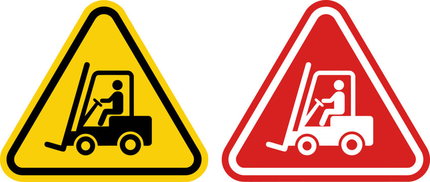 Warning signs featuring forklift icons in yellow and red triangular shapes, indicating caution and safety measures in industrial or construction environments
