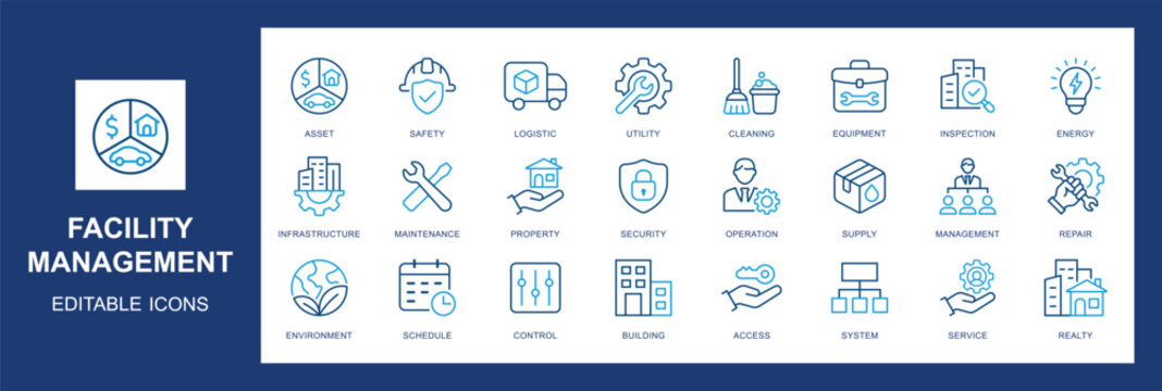 Facility management icon set featuring maintenance, security, logistics, and property operations. Editable vector icons for business