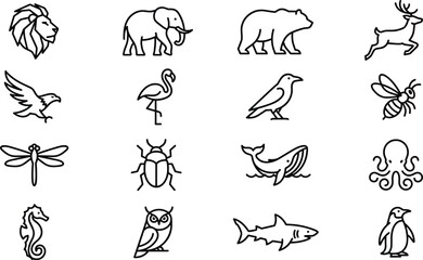 Obraz premium Wild Animals and Nature Wildlife Line Icon Set with Mammals Birds Insects Marine Creatures and Geometric Safari Fauna Outline Symbols for Brand Logo Design