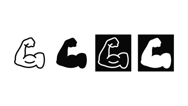 Arm muscle icon. Flexed bicep symbol. Strong arm vector graphic. Fitness and gym emblem. Bodybuilding strength concept. Athlete's flexing arm gesture. Muscular strength pictogram isolated on black and